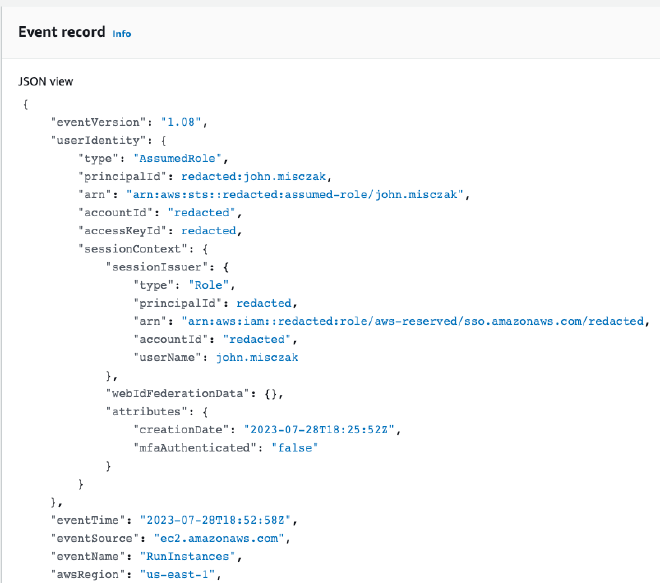 An example of a CloudTrail event for RunInstances